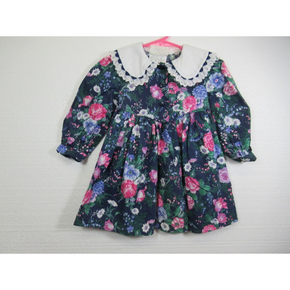 Vintage 90s Bonnie Jean Floral Dress Girl 2T Collar Long Sleeve HEMMED